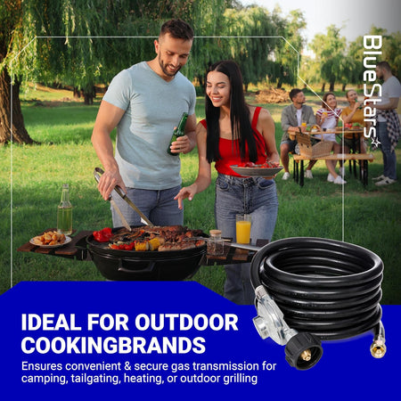 12-foot universal QCC1 low pressure propane regulator and hose with 3/8-inch female flare nut for outdoor grilling.