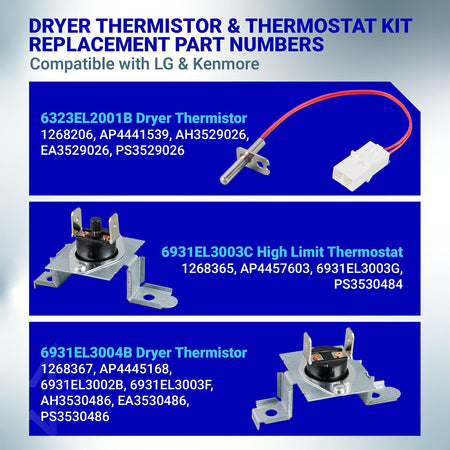 AGM30045804 Dryer Thermistor & Thermostat Kit replacement part number chart for LG and Kenmore