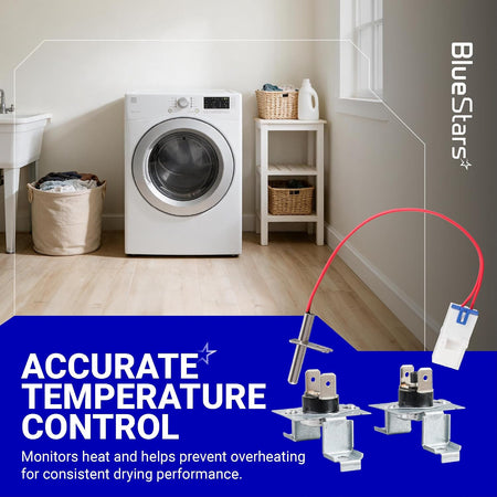 AGM30045804 Dryer Thermistor & Thermostat Kit promotional graphic showing a dryer, kit parts, and temperature control text