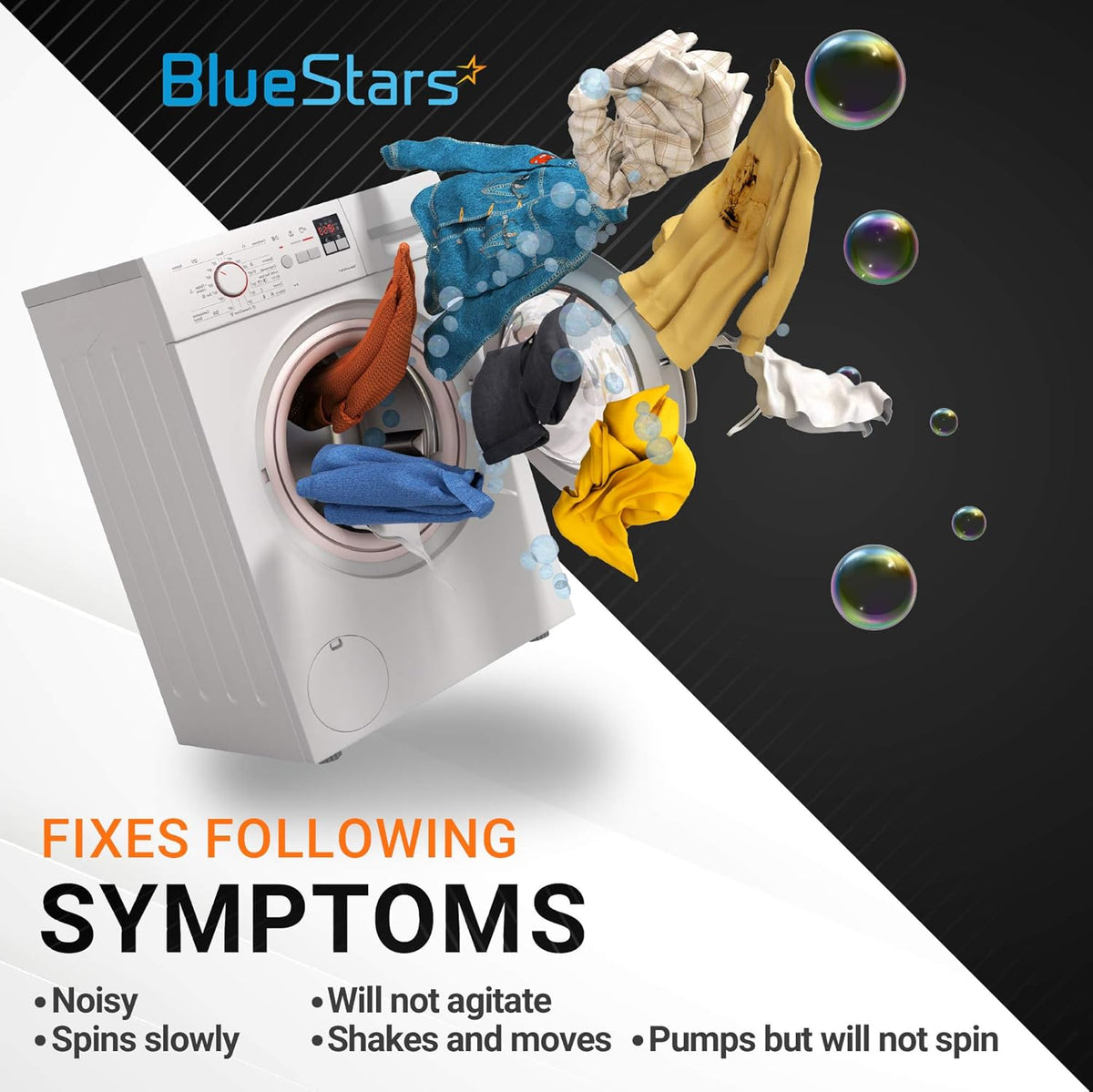 BlueStars washer clutch lining kit symptom fix infographic for Whirlpool, Kenmore, and Maytag washing machines.