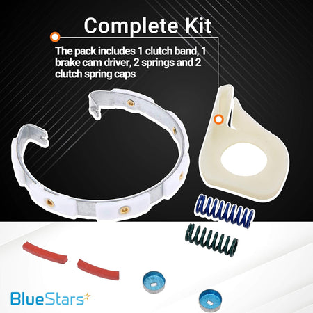 285790 washer clutch lining kit components including clutch band, brake cam driver, springs, and caps for Whirlpool washers.