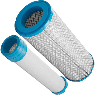 Kawasaki compatible inner and outer air filter set for lawn mower engines with blue end caps and pleated paper media.