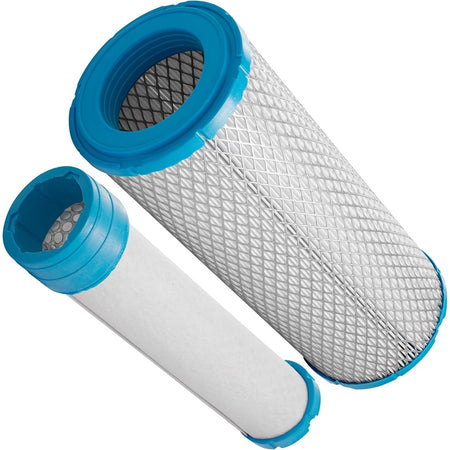 Kawasaki compatible inner and outer air filter set for lawn mower engines with blue end caps and pleated paper media.