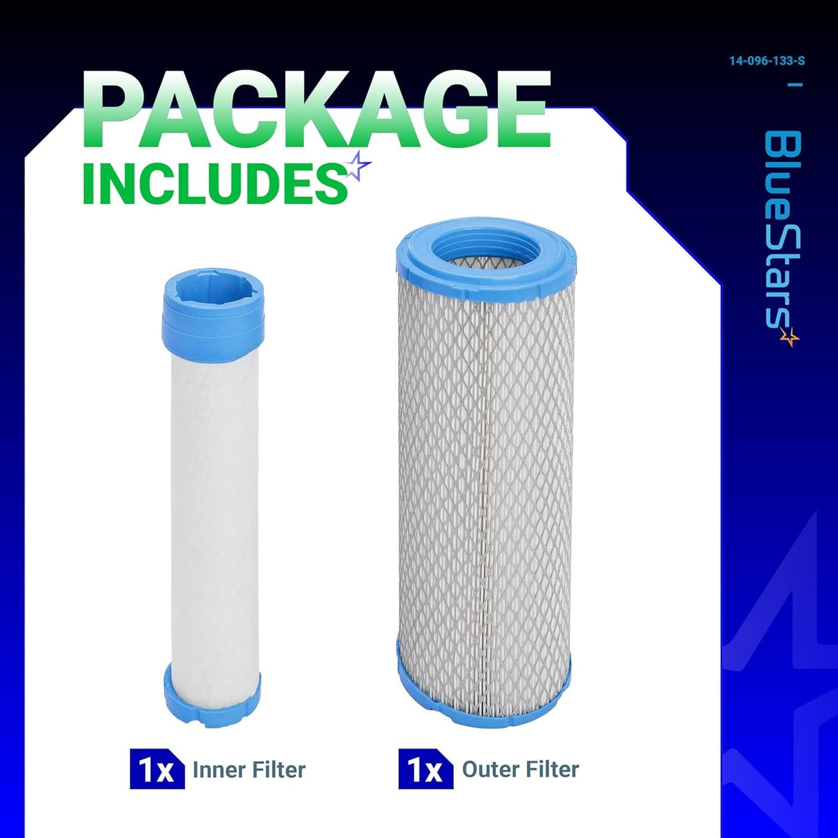 Inner and outer air filter set for Kawasaki lawn mower engines, including one inner and one outer filter element.