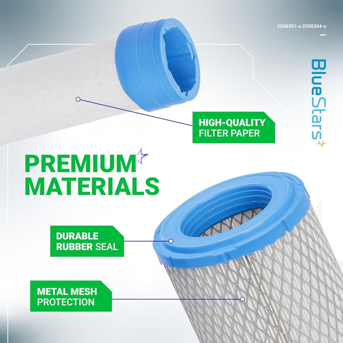 Close-up of Kawasaki lawn mower air filter components showing filter paper, rubber seal, and metal mesh protection.