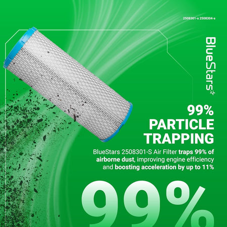 BlueStars 2508301-S cylindrical lawn mower air filter with 99% particle trapping efficiency graphic.