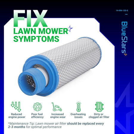 Replacement outer air filter for Kawasaki lawn mower engines with maintenance symptom infographic.