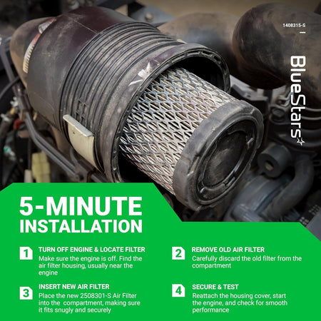 Close-up of a Kawasaki lawn mower air filter installed in an engine housing with 5-minute installation instructions.