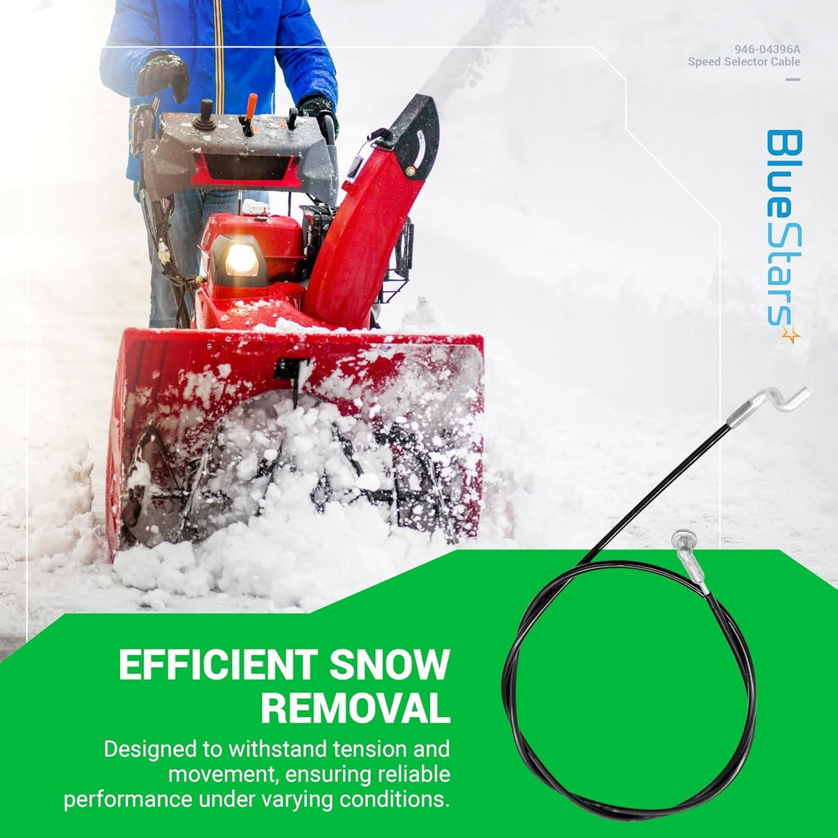 946-04396A 746-04396A speed selector cable for snow blowers shown against a green background with a snow blower graphic.
