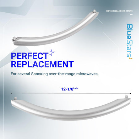 Silver DE94-02409C microwave door handle replacement for Samsung ovens, showing 12-1/8 inch length.