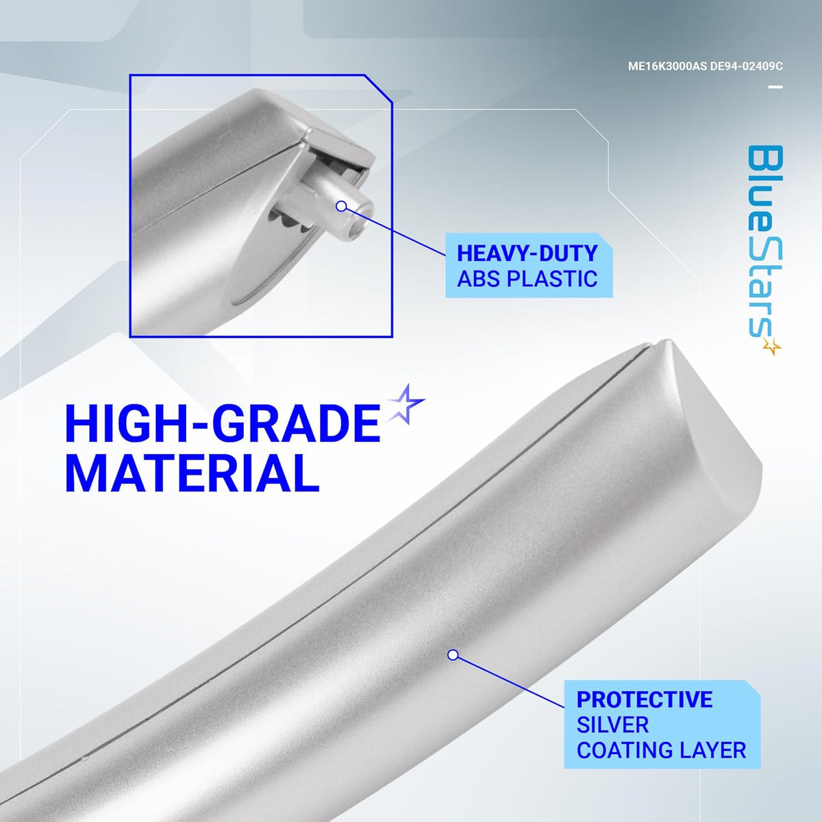 Close-up of silver Samsung microwave door handle DE94-02409C showing ABS plastic construction and protective coating.