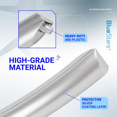 Close-up of silver Samsung microwave door handle DE94-02409C showing ABS plastic construction and protective coating.