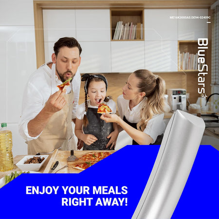 Silver DE94-02409C microwave door handle replacement for Samsung ovens shown in a lifestyle marketing graphic.