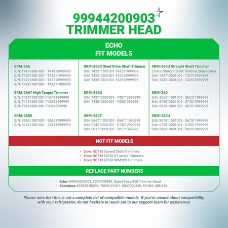 Compatibility chart for 99944200903 Speed-Feed 450 trimmer head listing Echo fit models and part numbers.