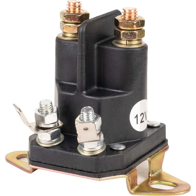 MIU12537 12V starter solenoid for John Deere lawn tractors with copper terminals and mounting bracket.
