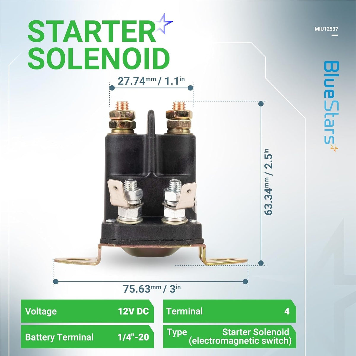 MIU12537 starter solenoid for John Deere lawn tractors with labeled dimensions and technical specifications.