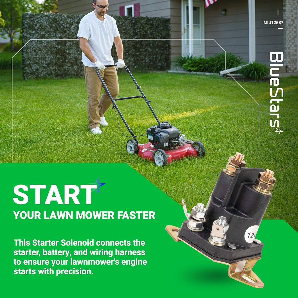 MIU12537 starter solenoid for John Deere lawn tractors shown in a promotional graphic with a man mowing the lawn.