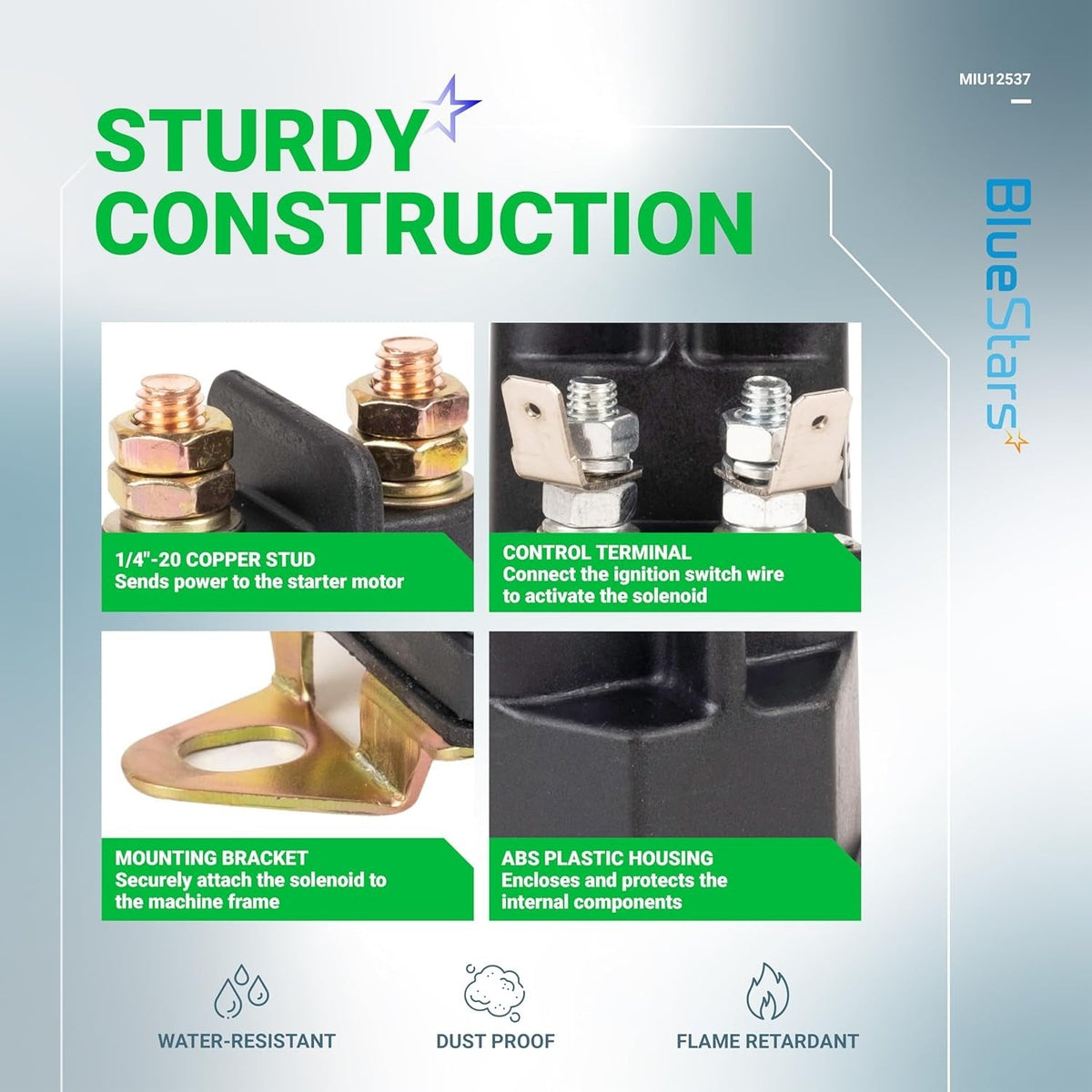 MIU12537 starter solenoid features infographic showing copper studs, control terminals, mounting bracket, and ABS housing.