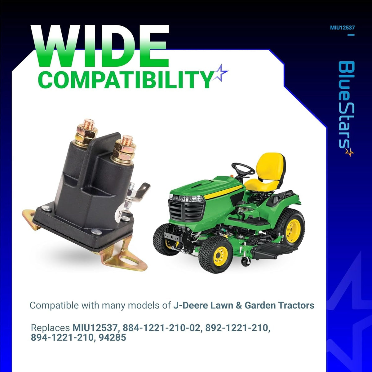 MIU12537 starter solenoid for John Deere lawn tractors with compatibility graphic.