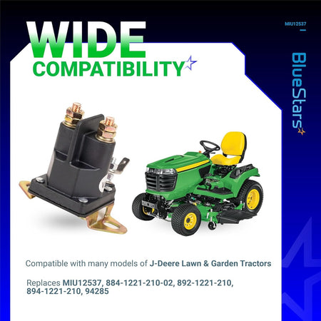 MIU12537 starter solenoid for John Deere lawn tractors with compatibility graphic.