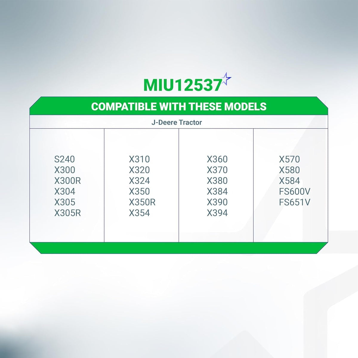 Compatibility chart for MIU12537 starter solenoid listing John Deere lawn tractor models.
