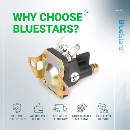 MIU12537 starter solenoid for John Deere lawn tractors shown in a promotional graphic with service icons.