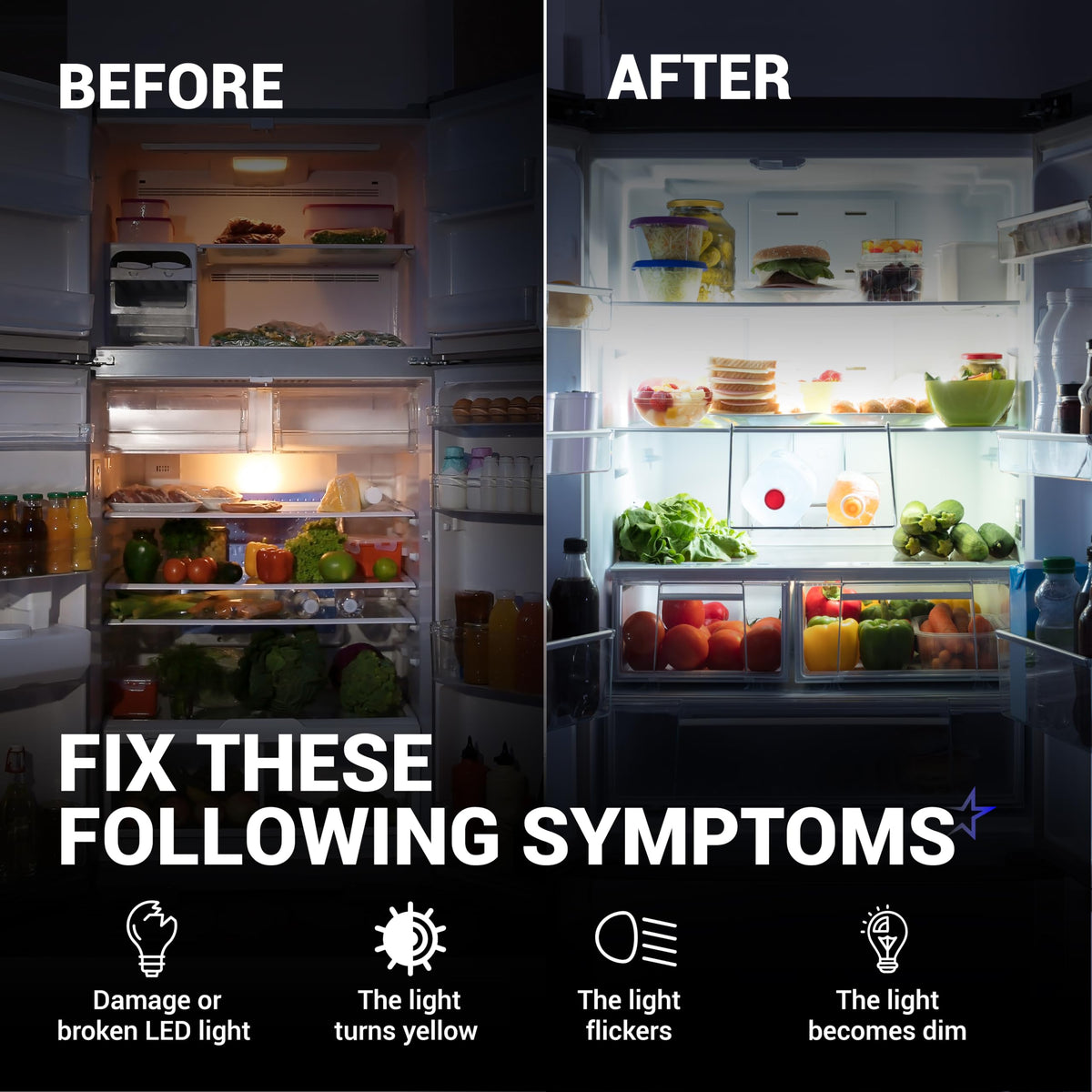 Before and after comparison of refrigerator interior lighting showing the brightness improvement of W10515057 LED light.