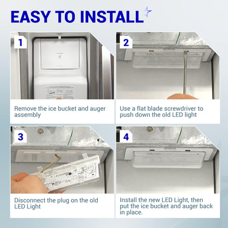 Four-step installation guide for W10515057 refrigerator LED light showing removal and replacement process.