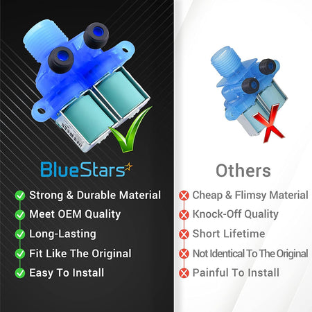 Comparison chart showing BlueStars washer cold water inlet valve quality versus generic alternatives.