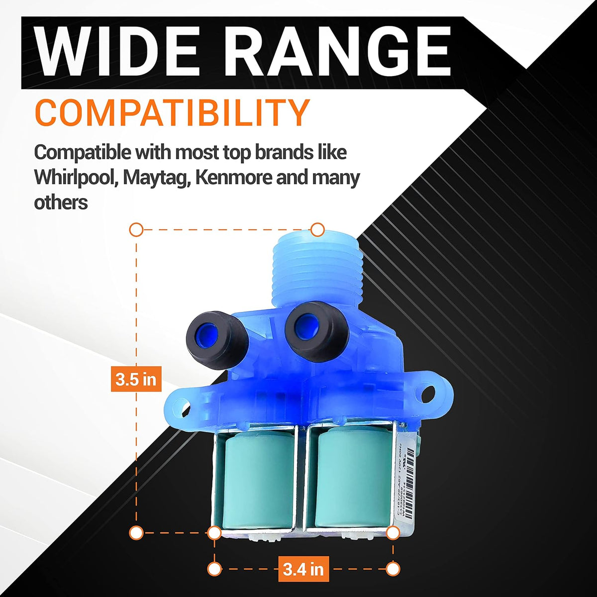 W11168740 washer cold water inlet valve with dimensions showing compatibility for Whirlpool, Kenmore, and Maytag washers.