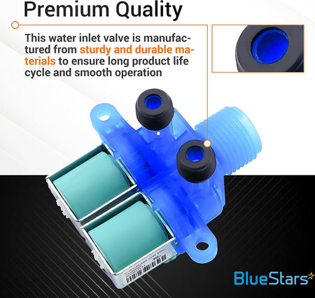 Washer cold water inlet valve with blue plastic housing and close-up view of the inlet port.