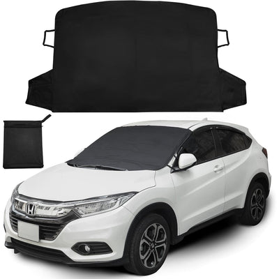 69x42 inch black windshield cover for ice and snow shown on a white SUV with a storage bag.