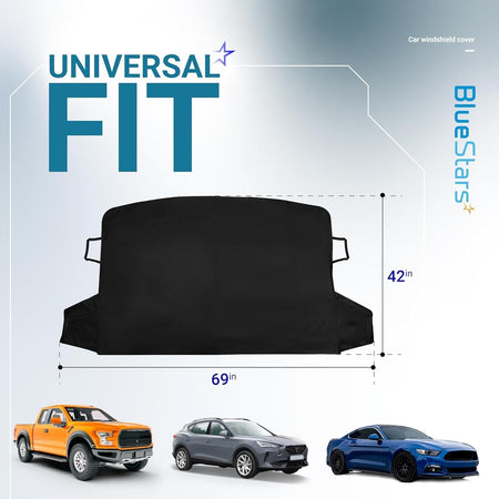 69x42 inch universal windshield cover for ice and snow with dimension diagram and vehicle compatibility examples.