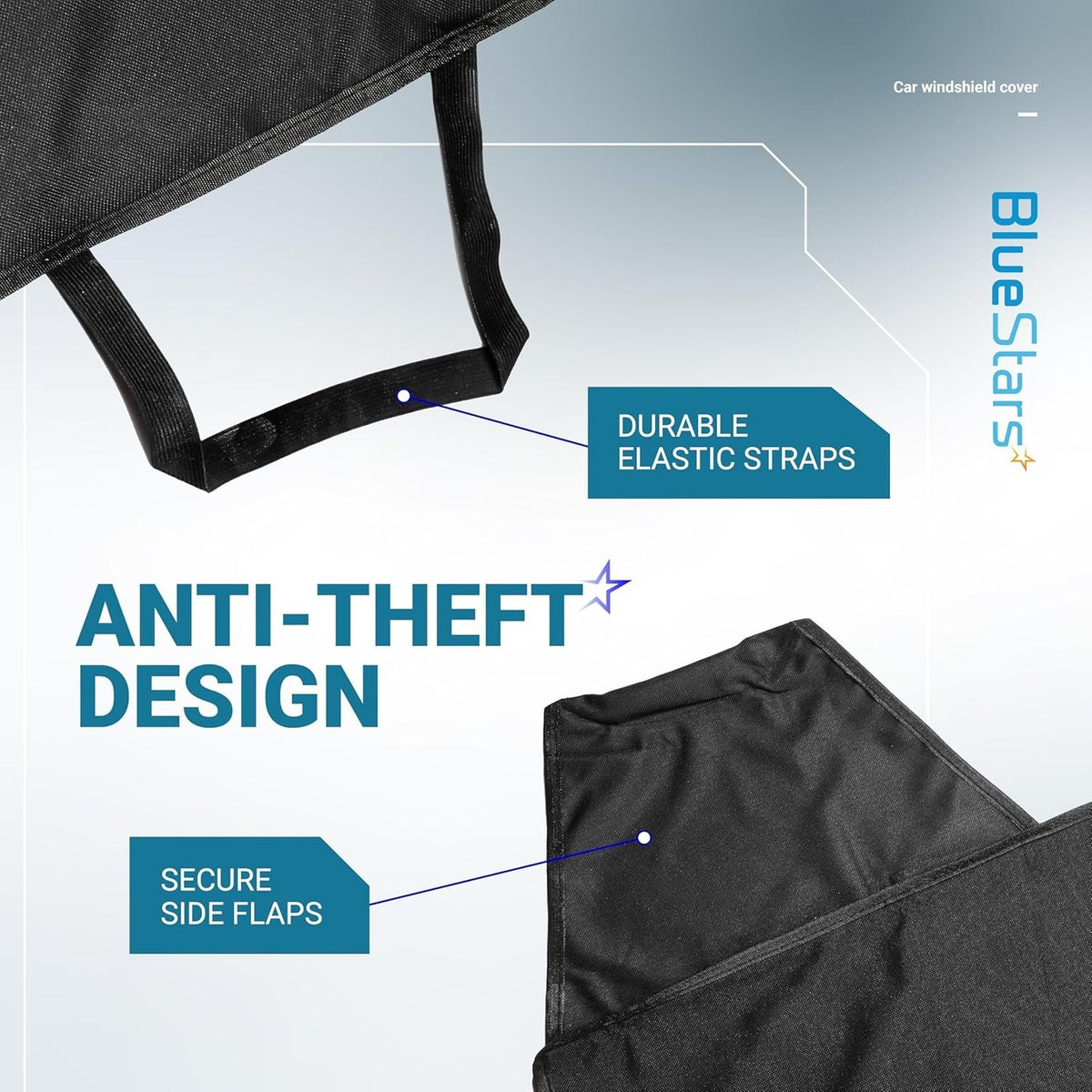 Close-up of windshield cover showing durable elastic straps and anti-theft secure side flaps.