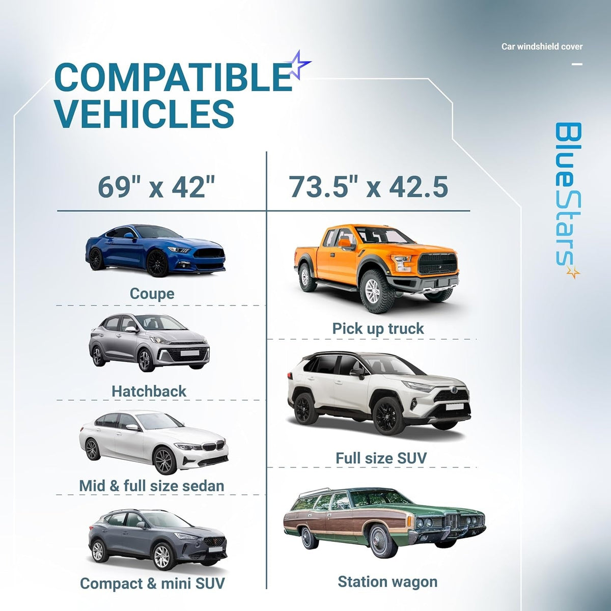 Vehicle compatibility chart for 69x42 inch windshield cover showing coupe, hatchback, sedan, and SUV models.