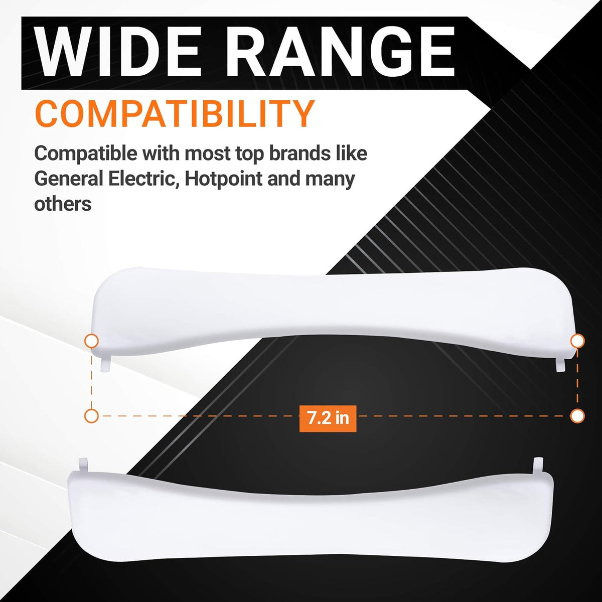 Infographic showing 7.2-inch dimensions for WE01X20419 dryer door handle replacement for GE and Hotpoint dryers.