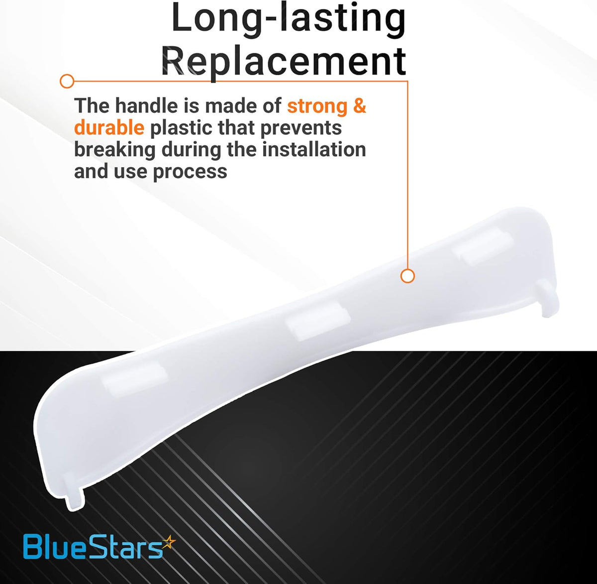 Durable white plastic replacement dryer door handle for GE and Hotpoint dryers.
