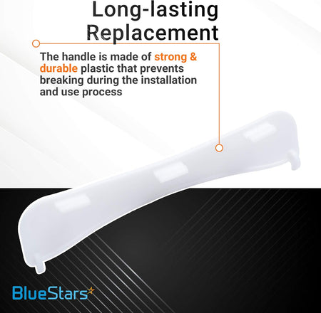 Durable white plastic replacement dryer door handle for GE and Hotpoint dryers.