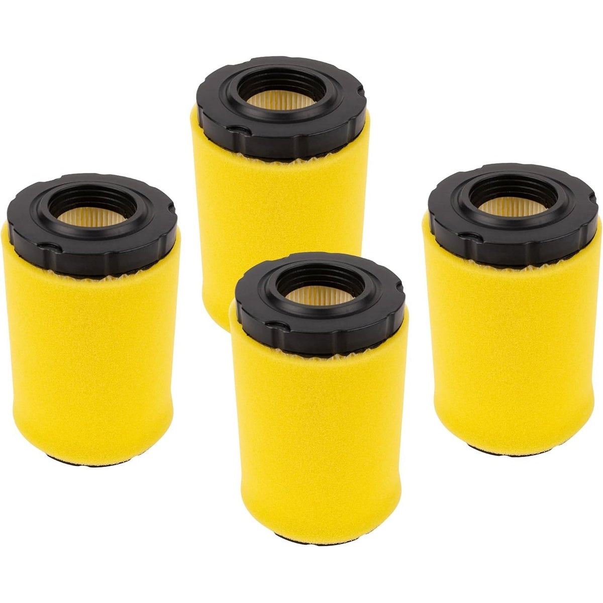 Set of four 796031 lawn mower air filters with yellow foam pre-cleaners for John Deere and Husqvarna tractors.