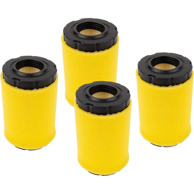 Set of four 796031 lawn mower air filters with yellow foam pre-cleaners for John Deere and Husqvarna tractors.