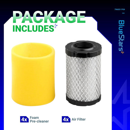 796031 air filter and 797704 foam pre-cleaner set for lawn mower engines, showing four of each component.