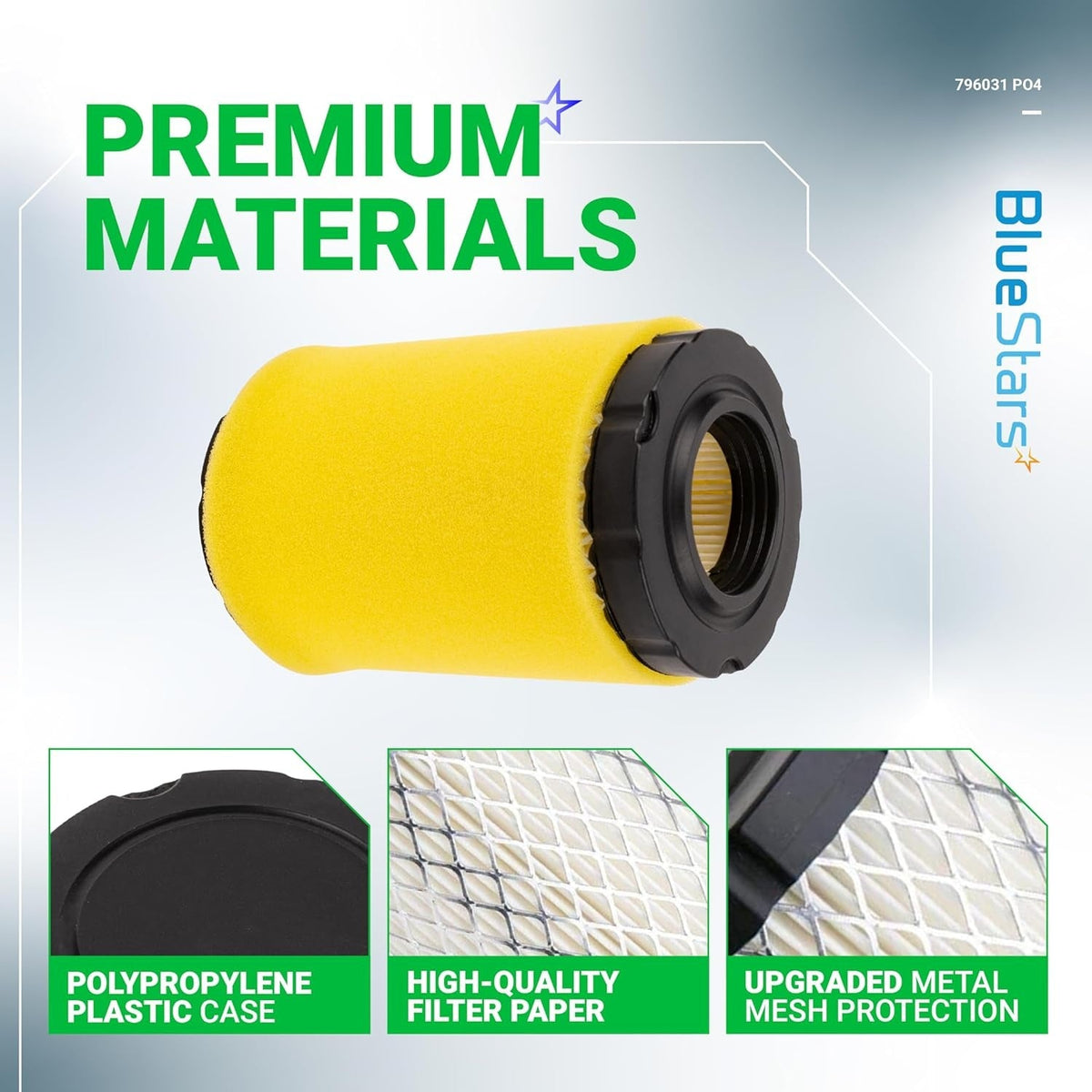 796031 air filter with yellow foam pre-cleaner showing construction details of plastic case, filter paper, and mesh.