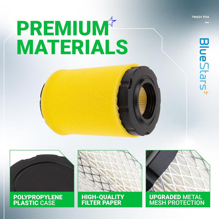 796031 air filter with yellow foam pre-cleaner showing construction details of plastic case, filter paper, and mesh.