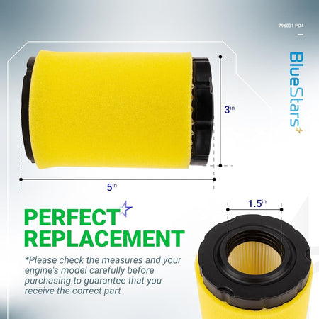 796031 air filter and 797704 foam pre-cleaner showing dimensions for lawn mower engine compatibility.