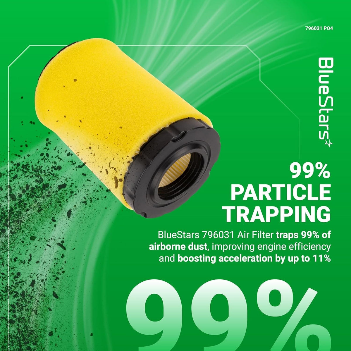 BlueStars 796031 lawn mower air filter with yellow foam pre-cleaner on a green promotional background.
