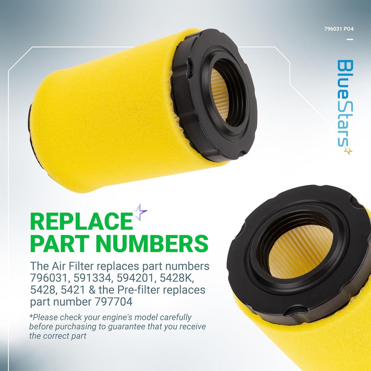 796031 air filter and 797704 foam pre-cleaner replacement parts for lawn mower engines with compatibility information.