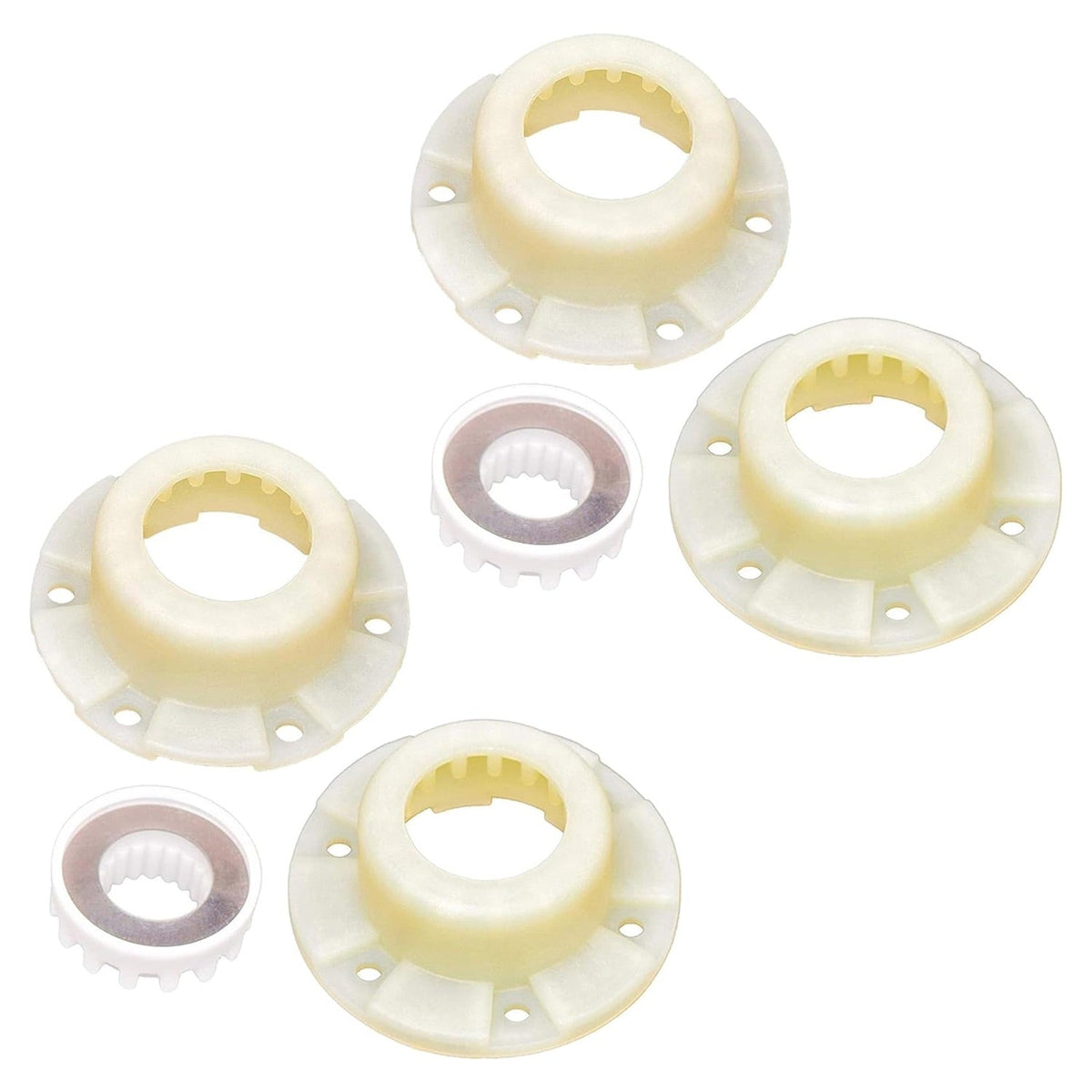 W10820039 washer hub kit components including three plastic drive hubs and two small gear inserts.