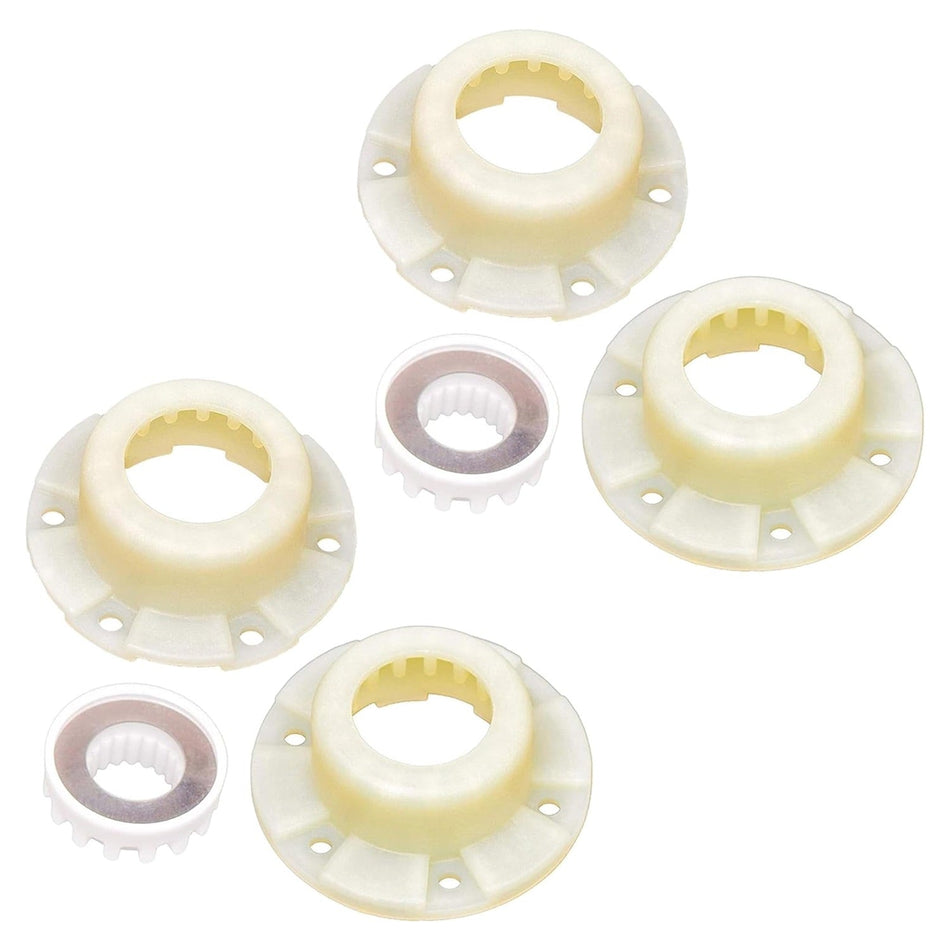 W10820039 washer hub kit components including three plastic drive hubs and two small gear inserts.