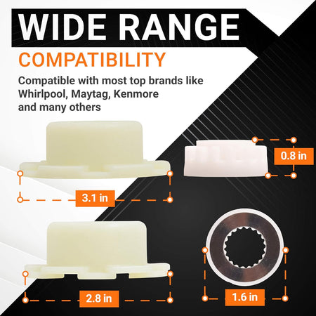 W10820039 washer hub kit dimensions diagram showing component measurements for Whirlpool and Kenmore washing machines.