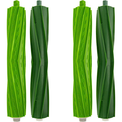 Set of 4 green rubber replacement roller brushes for iRobot Roomba E, I, and J series vacuum cleaners.